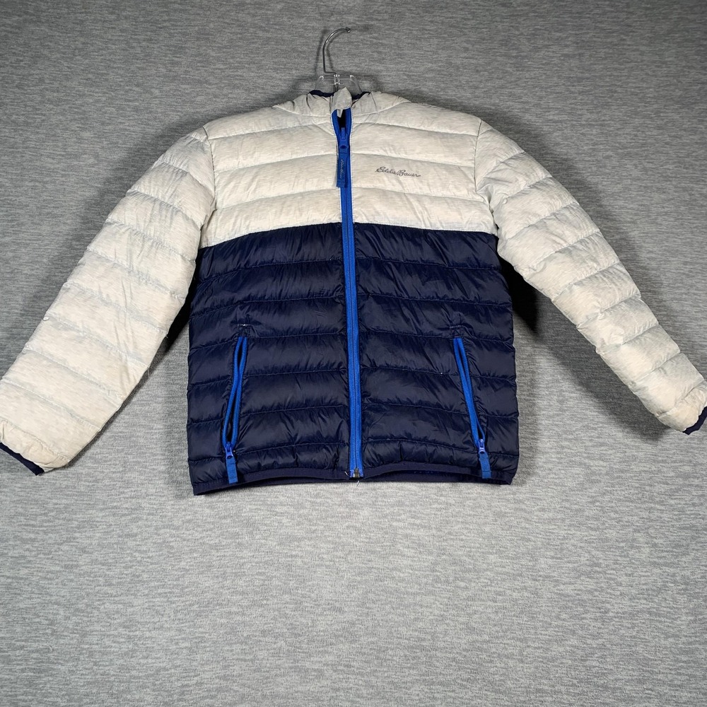 Eddie Bauer Jacket Youth 7/8 Blue Navy‎ Gray Reversible Hooded Duck Down Puffer